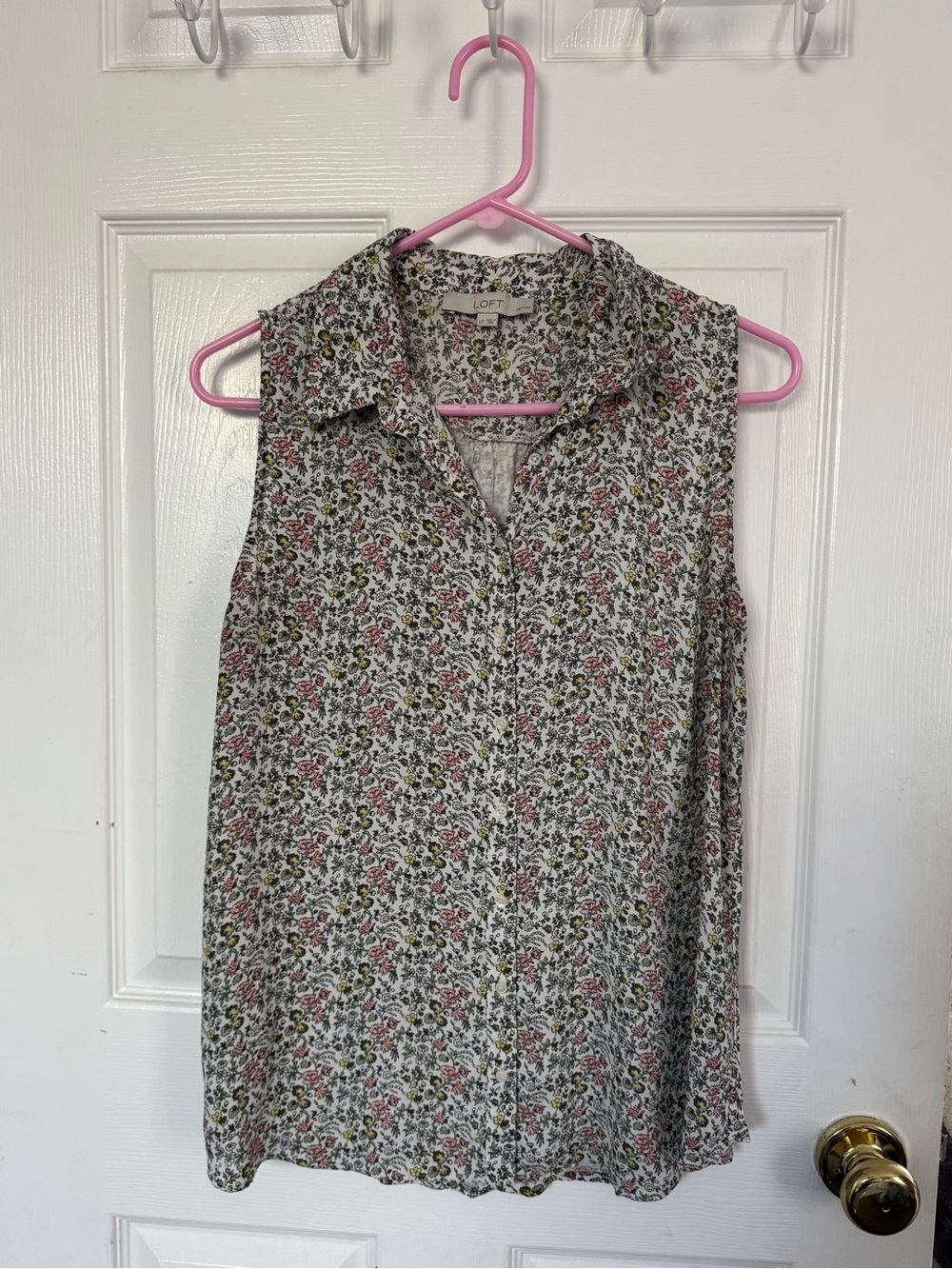 LOFT White Sleeveless Collared Camisole with Pink & Green Floral Print